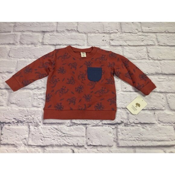 NWT Tucker + Tate 9Mo Crewneck Pocket Sweatshirt Red Barn Blue Robots Baby Boys - Picture 1 of 3